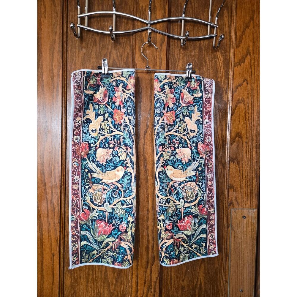 Floral Bird Tapestry Kitchen Towels Pair - Navy, Tan & Red